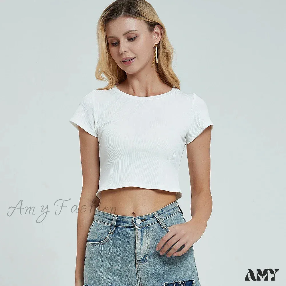 Knit New Short Sleeve O Neck Summer Casual Ribbed Basic Sexy Streetwear Crop Top