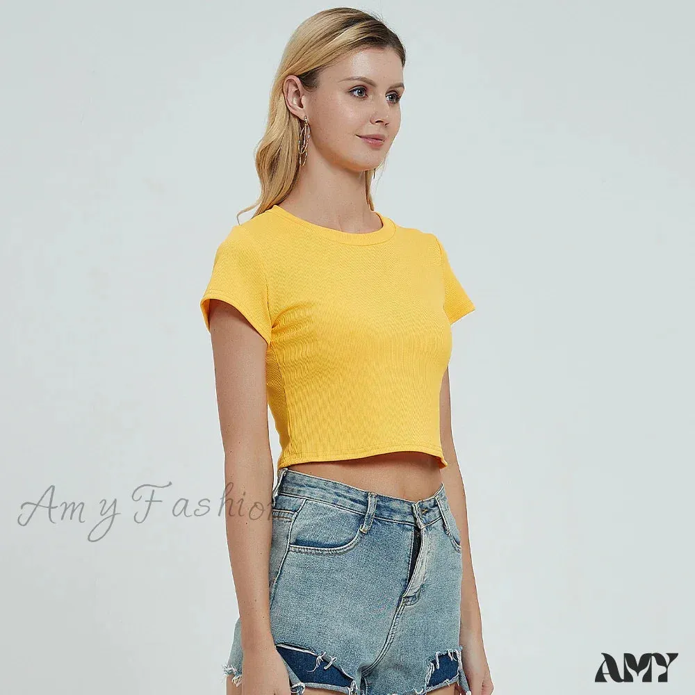 Knit New Short Sleeve O Neck Summer Casual Ribbed Basic Sexy Streetwear Crop Top