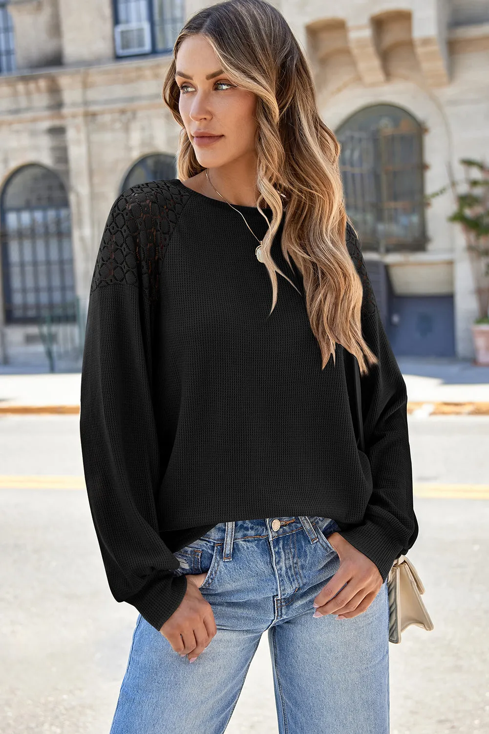 Lace Round Neck Lantern Sleeve Top
