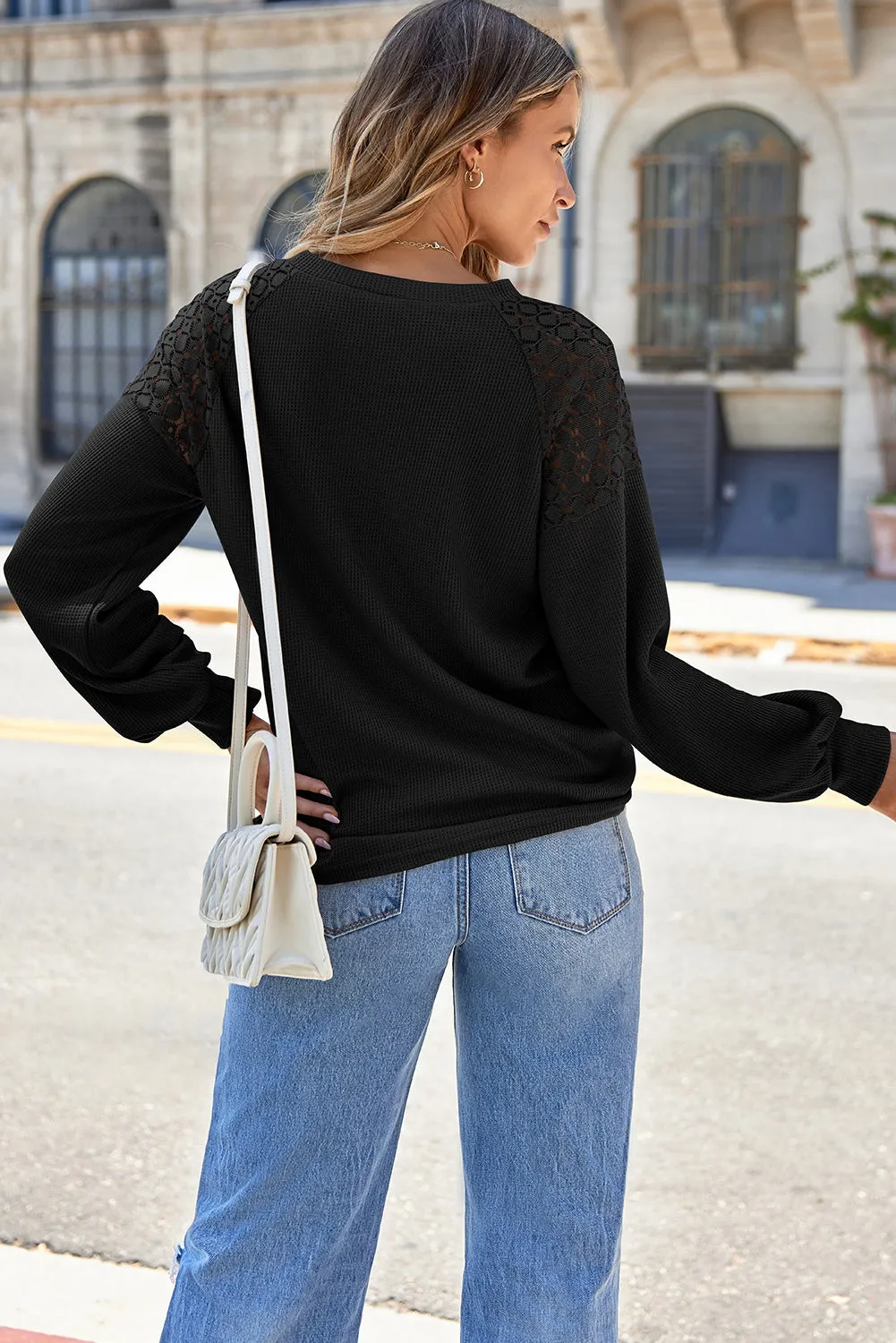 Lace Round Neck Lantern Sleeve Top