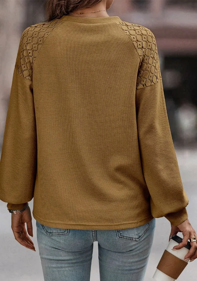 Lace Round Neck Lantern Sleeve Top
