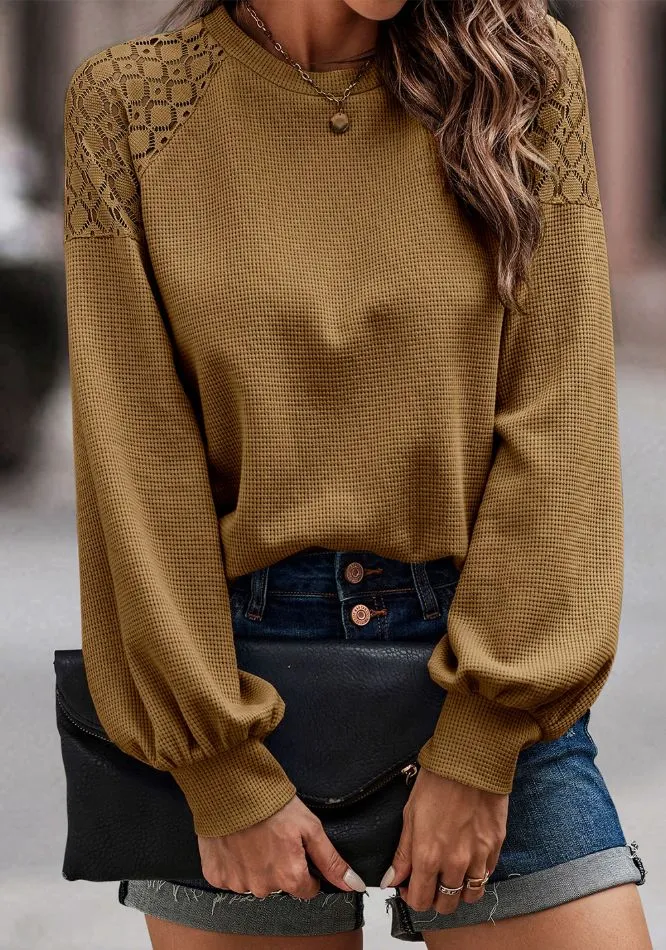 Lace Round Neck Lantern Sleeve Top