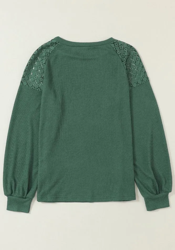 Lace Round Neck Lantern Sleeve Top
