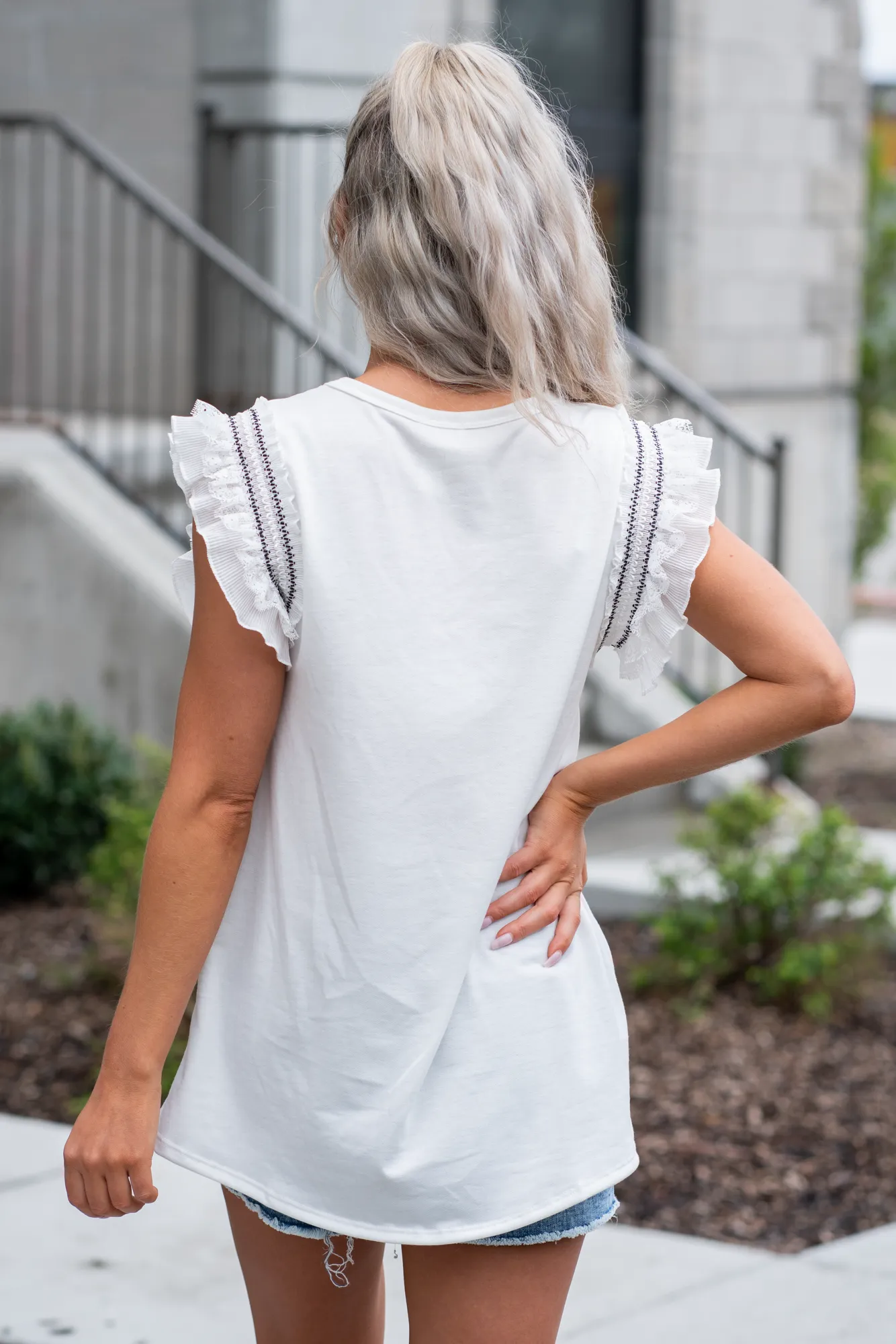 Lace Ruffled Sleeve Tee Ivory