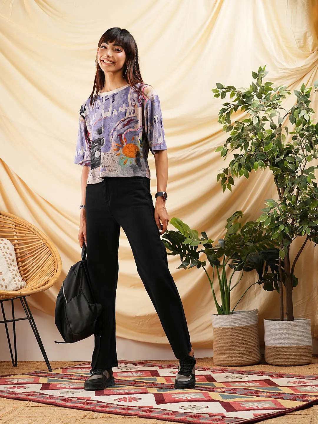 Ladies Purple Tops - Hosiery Fabric Loose Fit Round Neck Tops - Zola