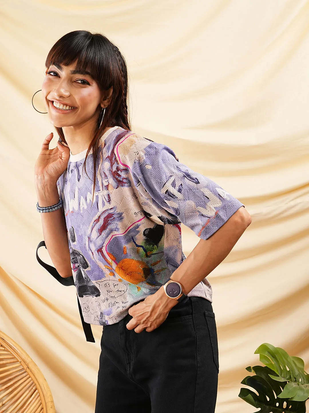 Ladies Purple Tops - Hosiery Fabric Loose Fit Round Neck Tops - Zola