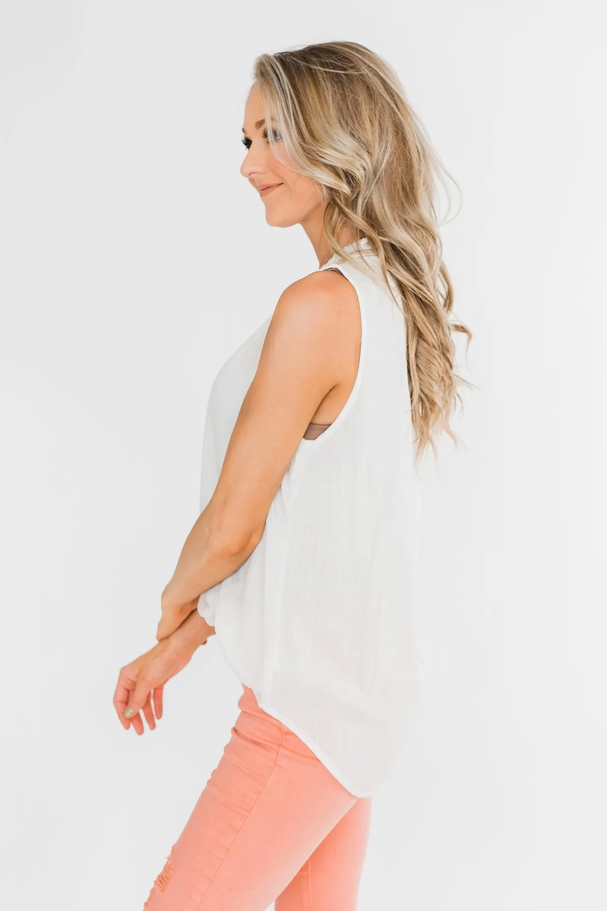 Larger Than Life Neck Tie Tank Top- Ivory