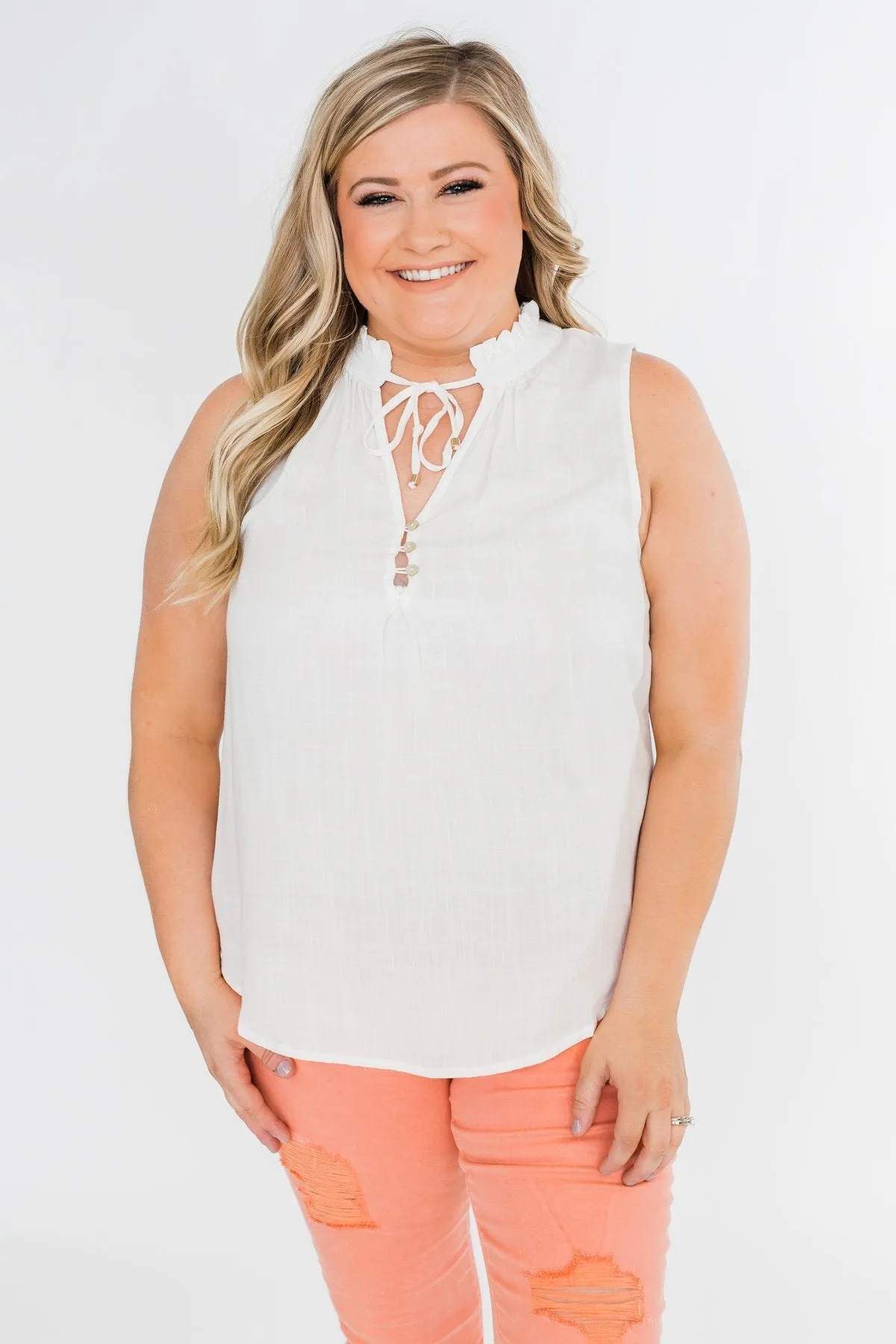 Larger Than Life Neck Tie Tank Top- Ivory