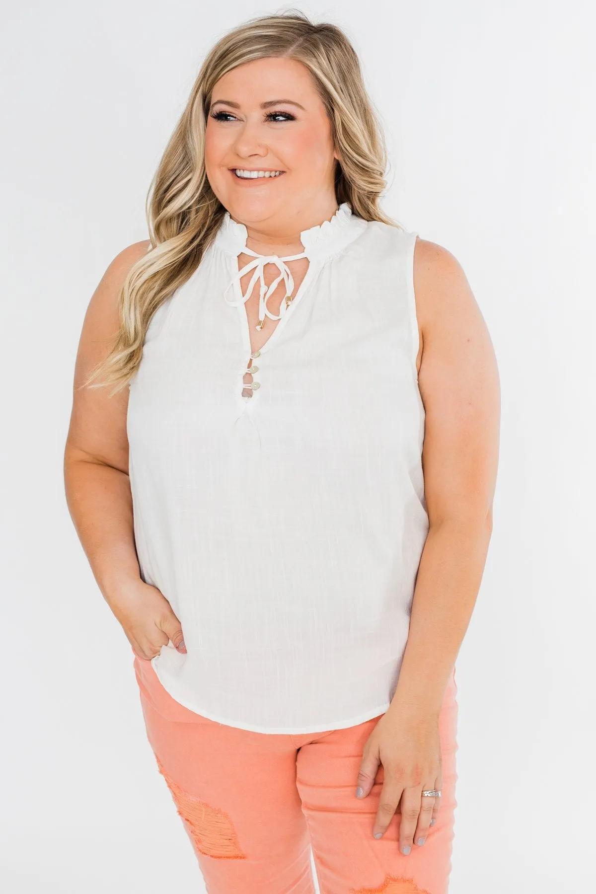 Larger Than Life Neck Tie Tank Top- Ivory