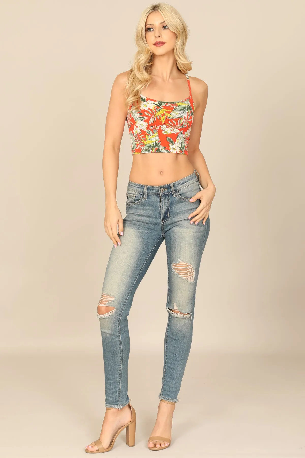 LEAF PRINT SPAGHETTI STRAP CROP TOP