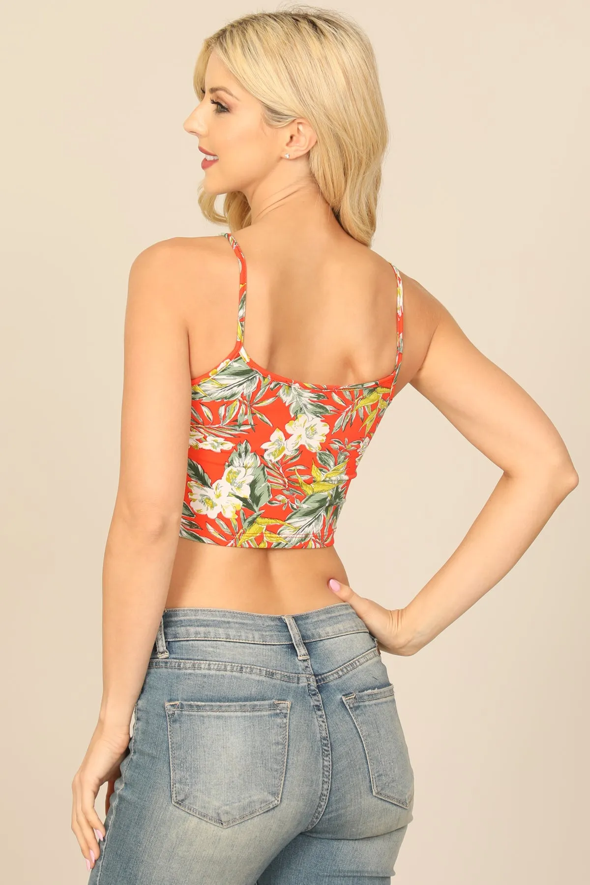 LEAF PRINT SPAGHETTI STRAP CROP TOP