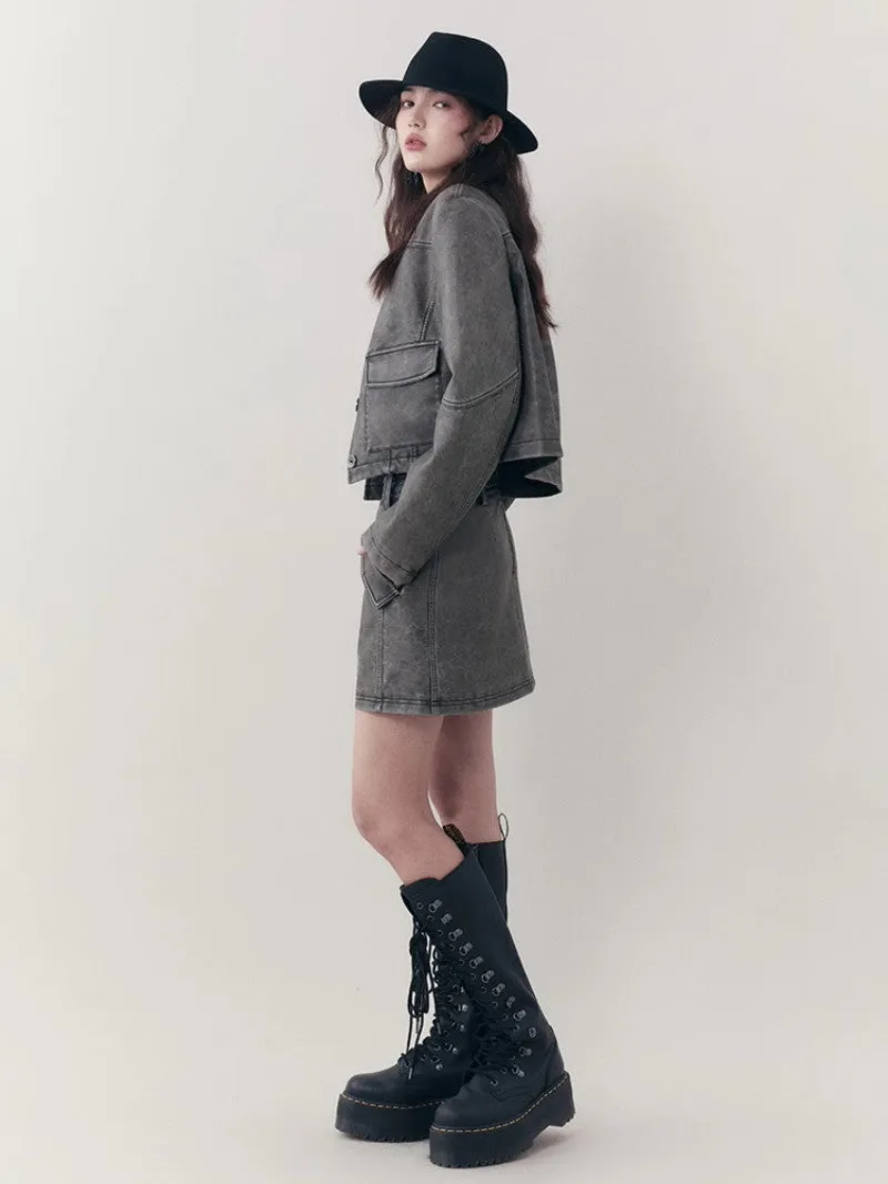 Leather Casual Handsome Set-Up Jacket＆Mini-Skirt