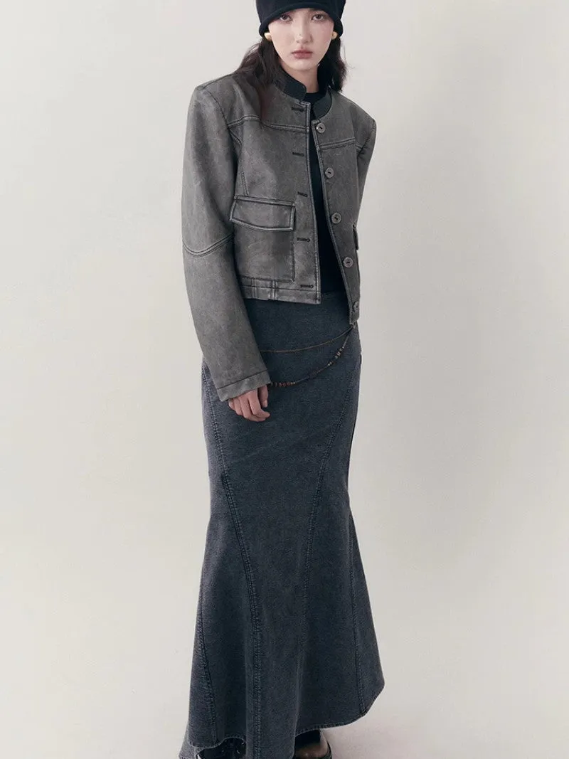 Leather Casual Handsome Set-Up Jacket＆Mini-Skirt