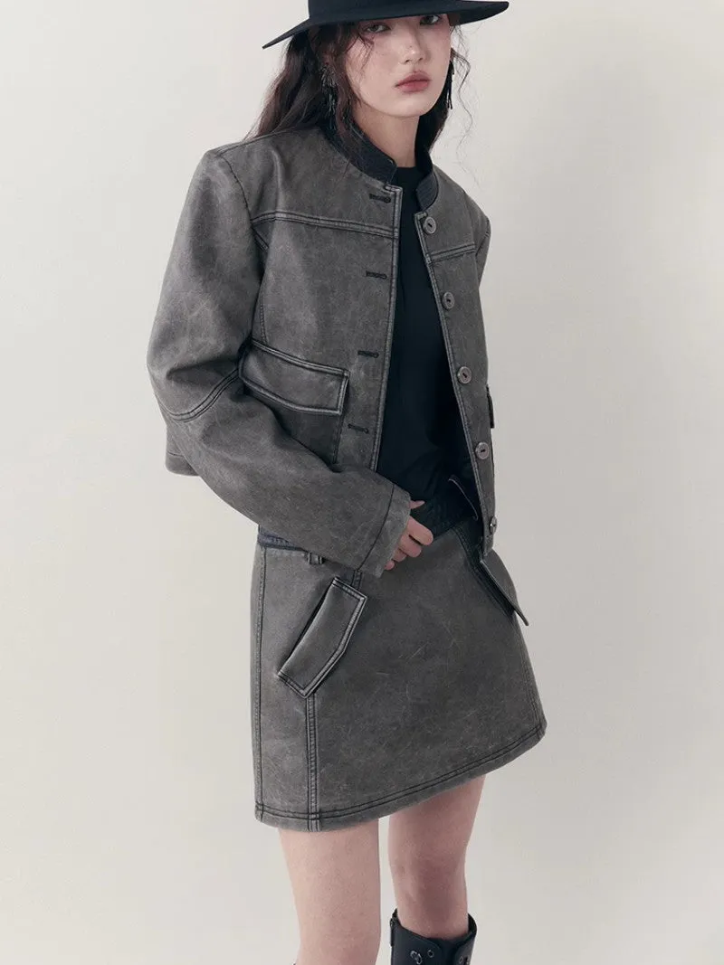 Leather Casual Handsome Set-Up Jacket＆Mini-Skirt