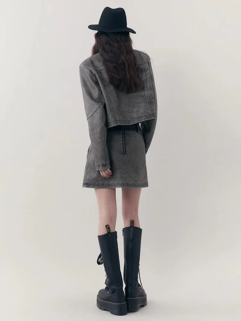 Leather Casual Handsome Set-Up Jacket＆Mini-Skirt