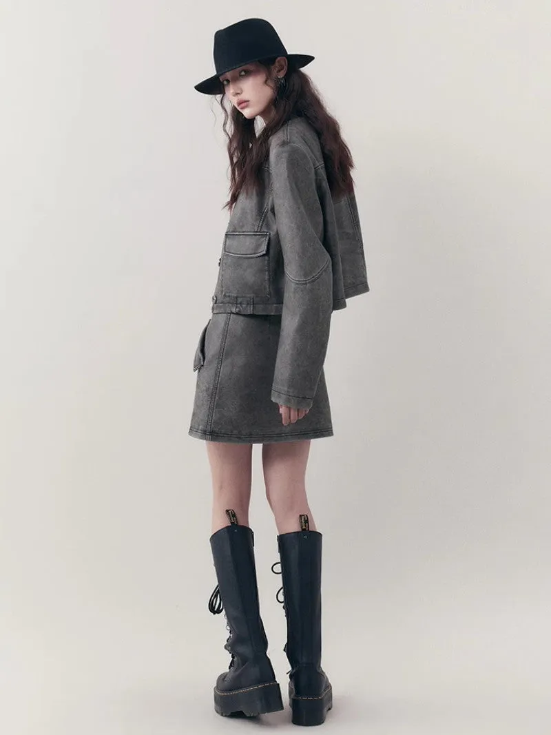 Leather Casual Handsome Set-Up Jacket＆Mini-Skirt