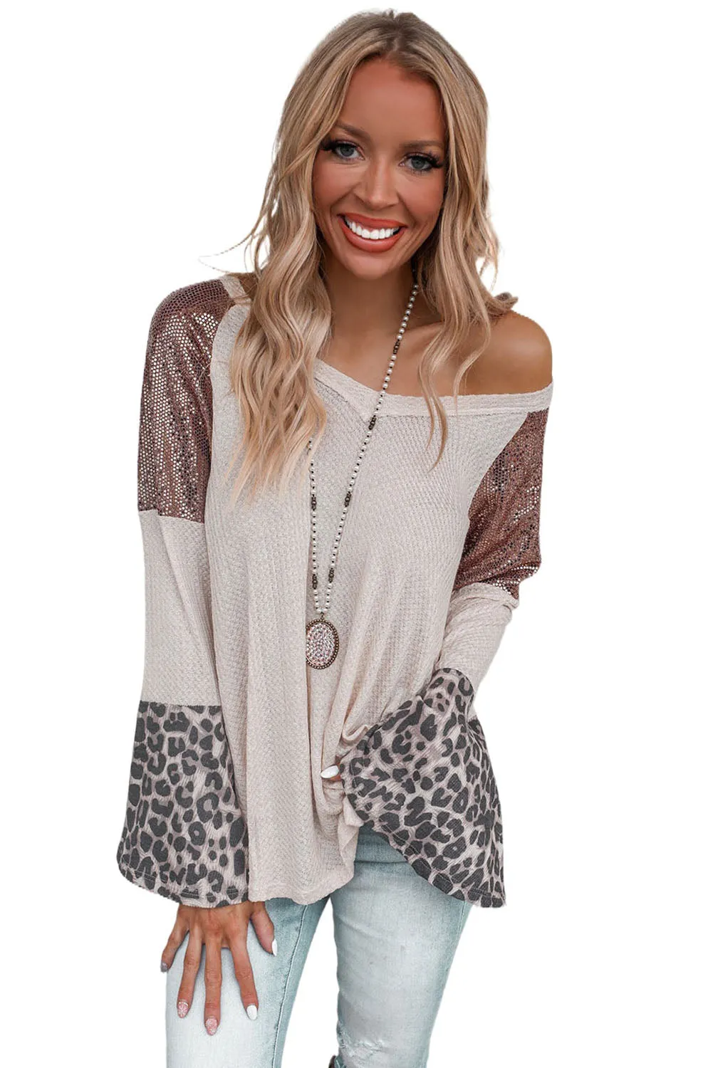 Leopard Sequin Bell Sleeve V Neck Tunic Top