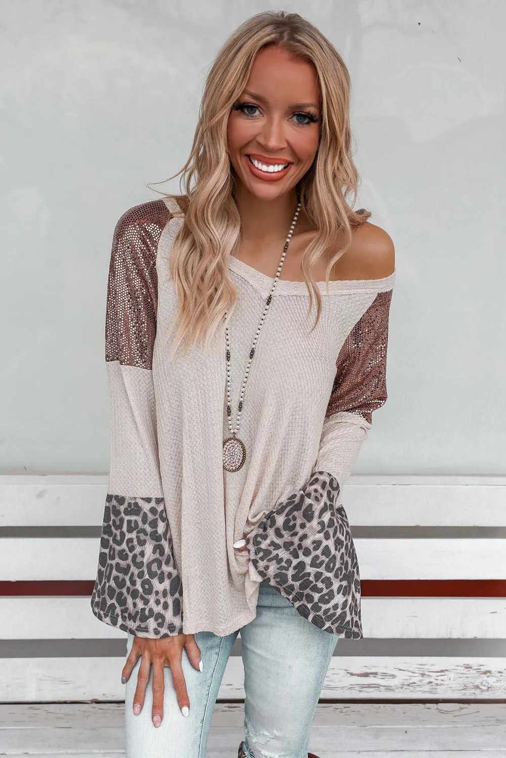 Leopard Sequin Bell Sleeve V Neck Tunic Top