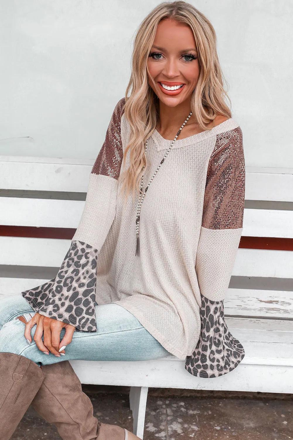 Leopard Sequin Bell Sleeve V Neck Tunic Top