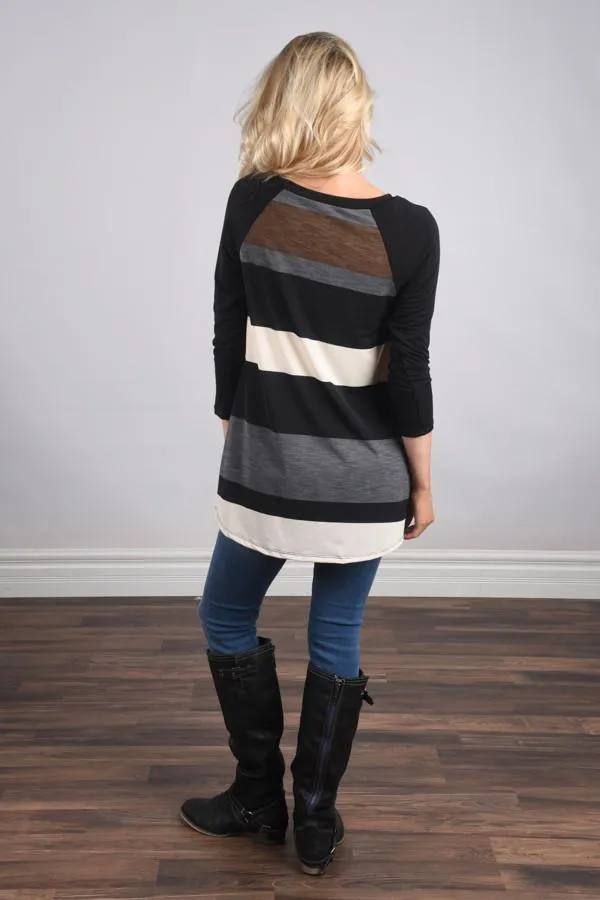 Life in Stripes Top - Steel Grey & Brown