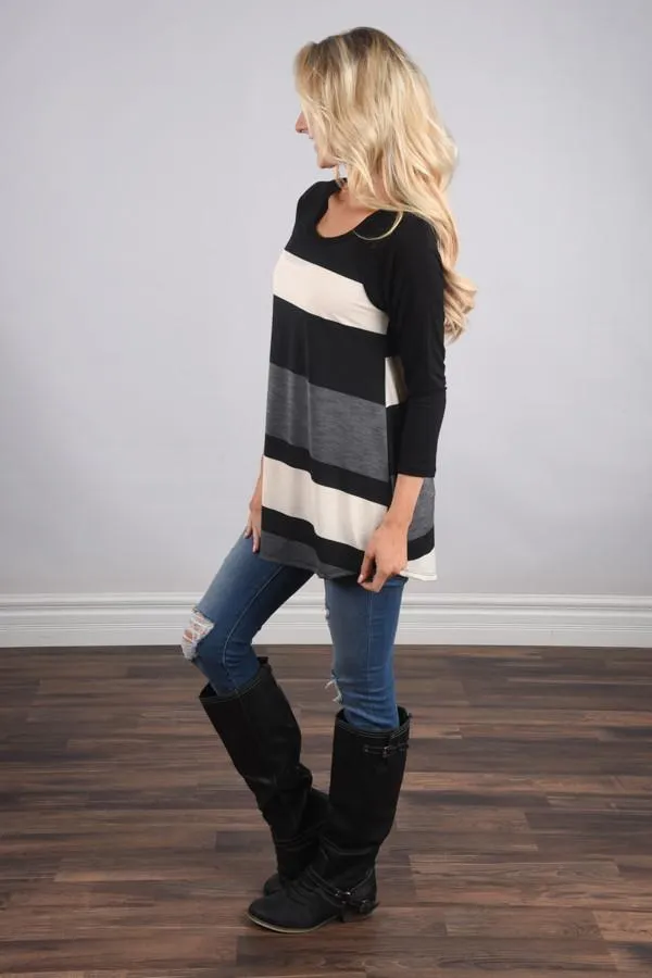 Life in Stripes Top - Steel Grey & Brown