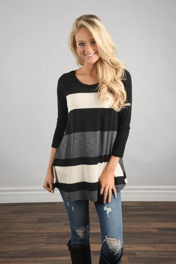 Life in Stripes Top - Steel Grey & Brown
