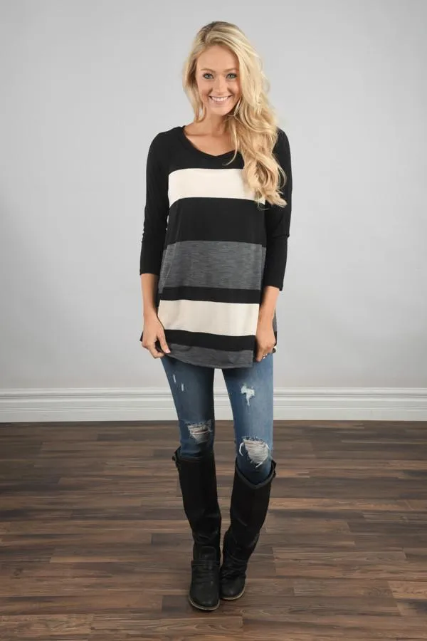 Life in Stripes Top - Steel Grey & Brown