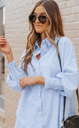 Light Blue Casual Striped Shirred Cuffs Shirt