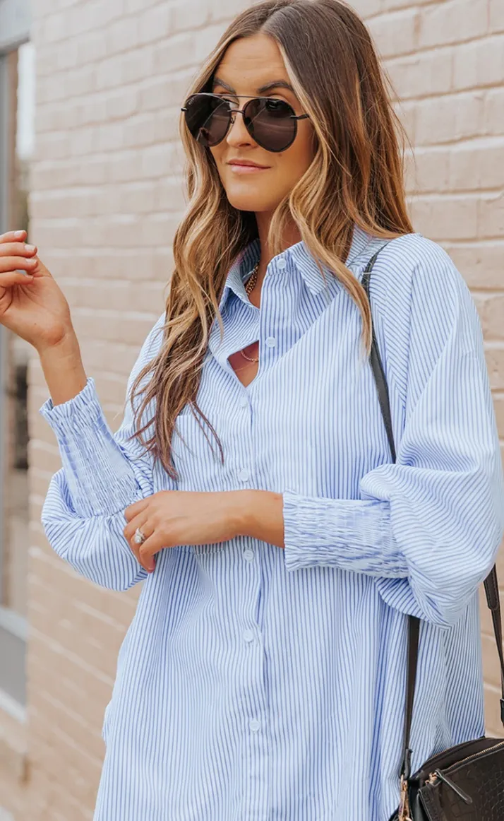 Light Blue Casual Striped Shirred Cuffs Shirt