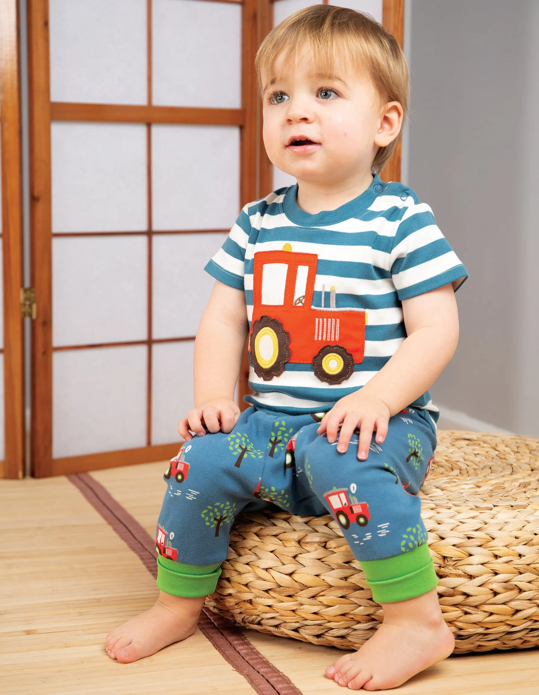Little Wheels Applique Top - Steely Blue Stripe/Tractor
