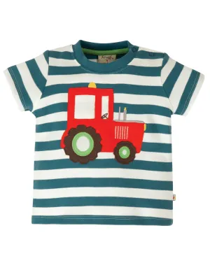 Little Wheels Applique Top - Steely Blue Stripe/Tractor