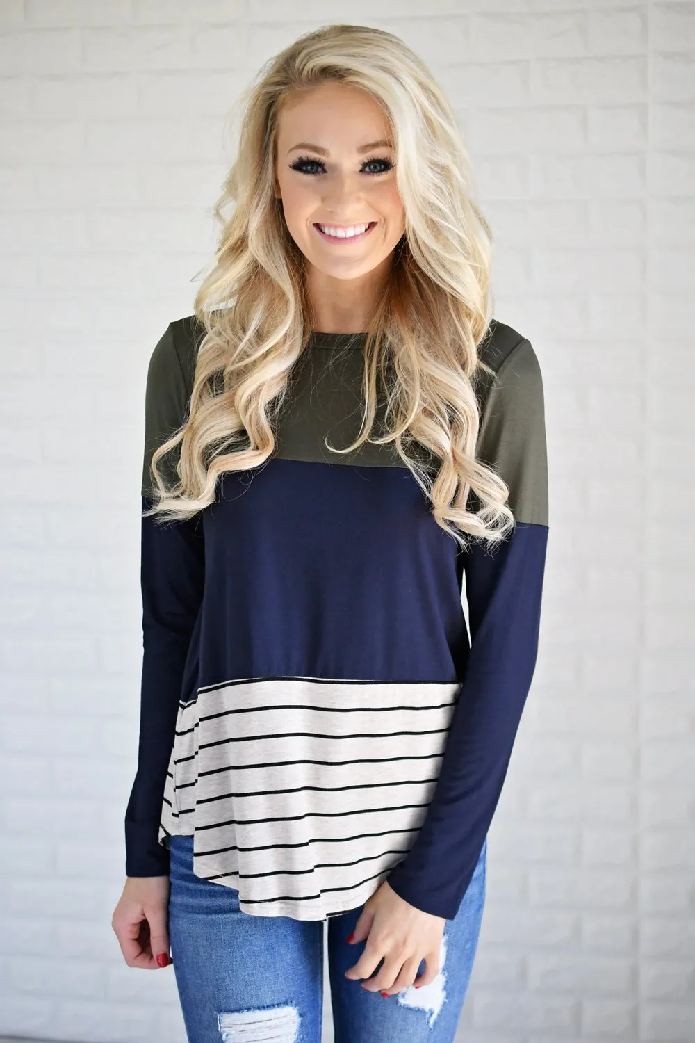 Long Sleeve Colorblock Top ~ Olive & Navy