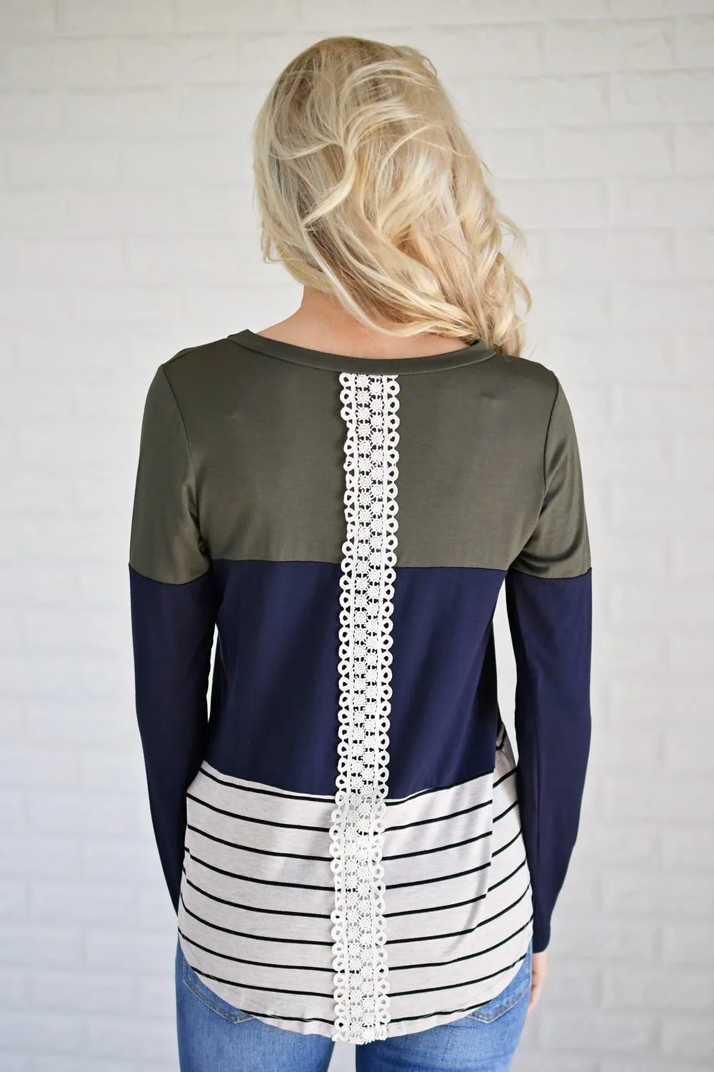 Long Sleeve Colorblock Top ~ Olive & Navy
