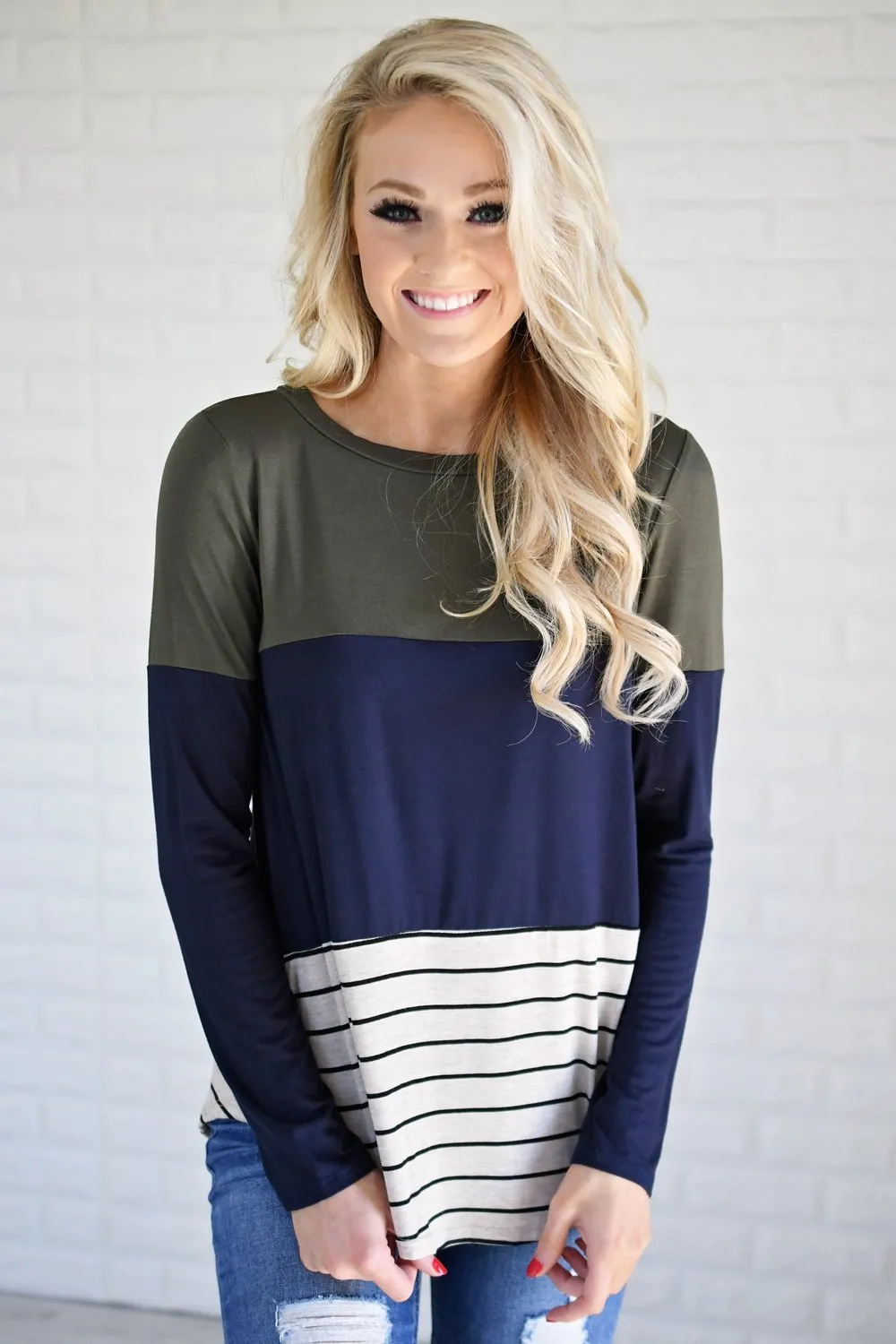 Long Sleeve Colorblock Top ~ Olive & Navy