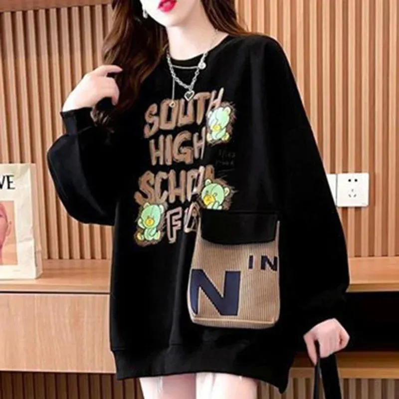 Loose Spliced Pockets Printed Letter Autumn New Casual Pullovers Asymmetrical