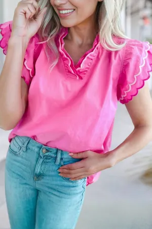Love Story Contrast Scallop Trim Layered Short Sleeve Blouse