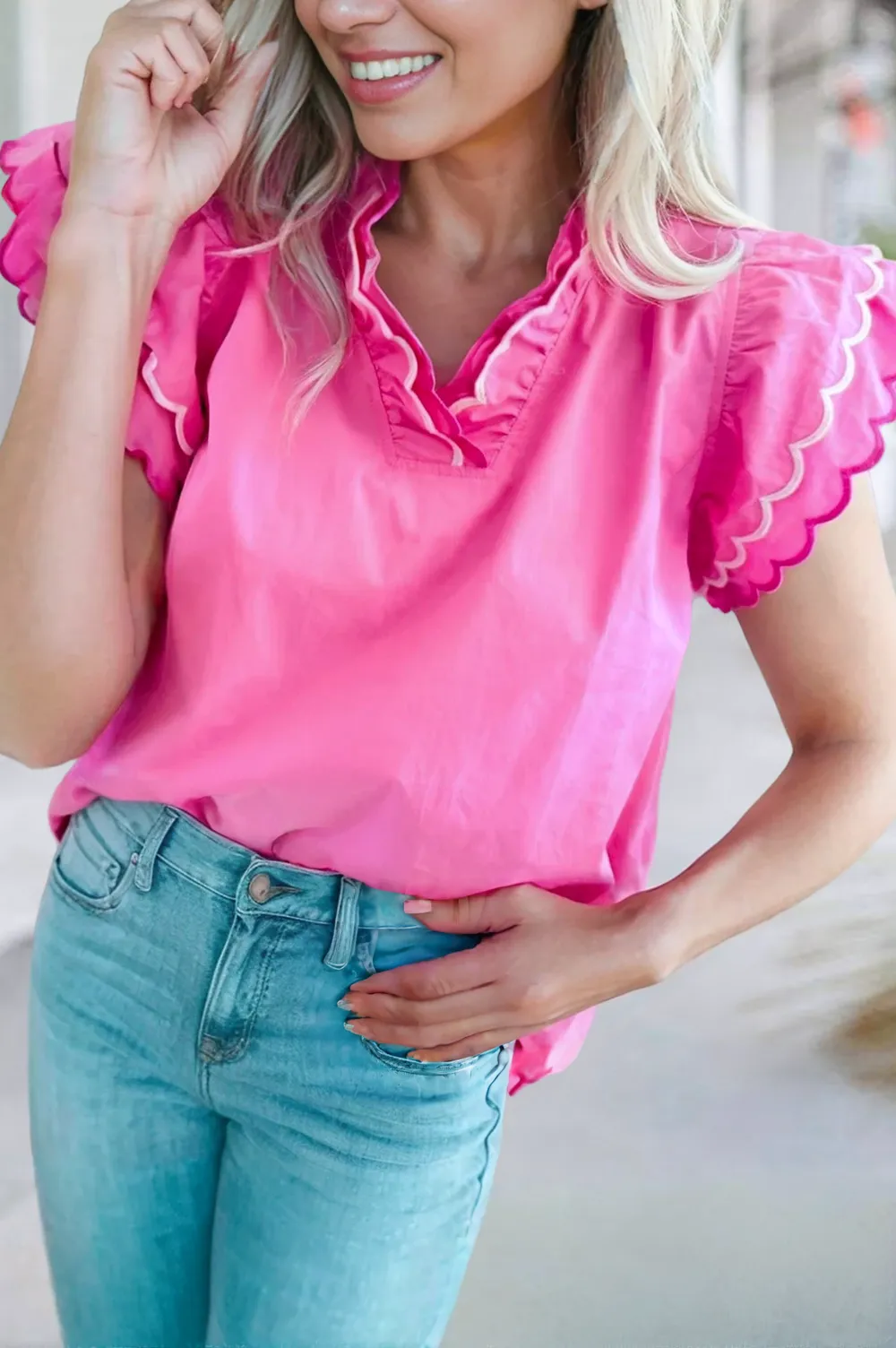 Love Story Contrast Scallop Trim Layered Short Sleeve Blouse