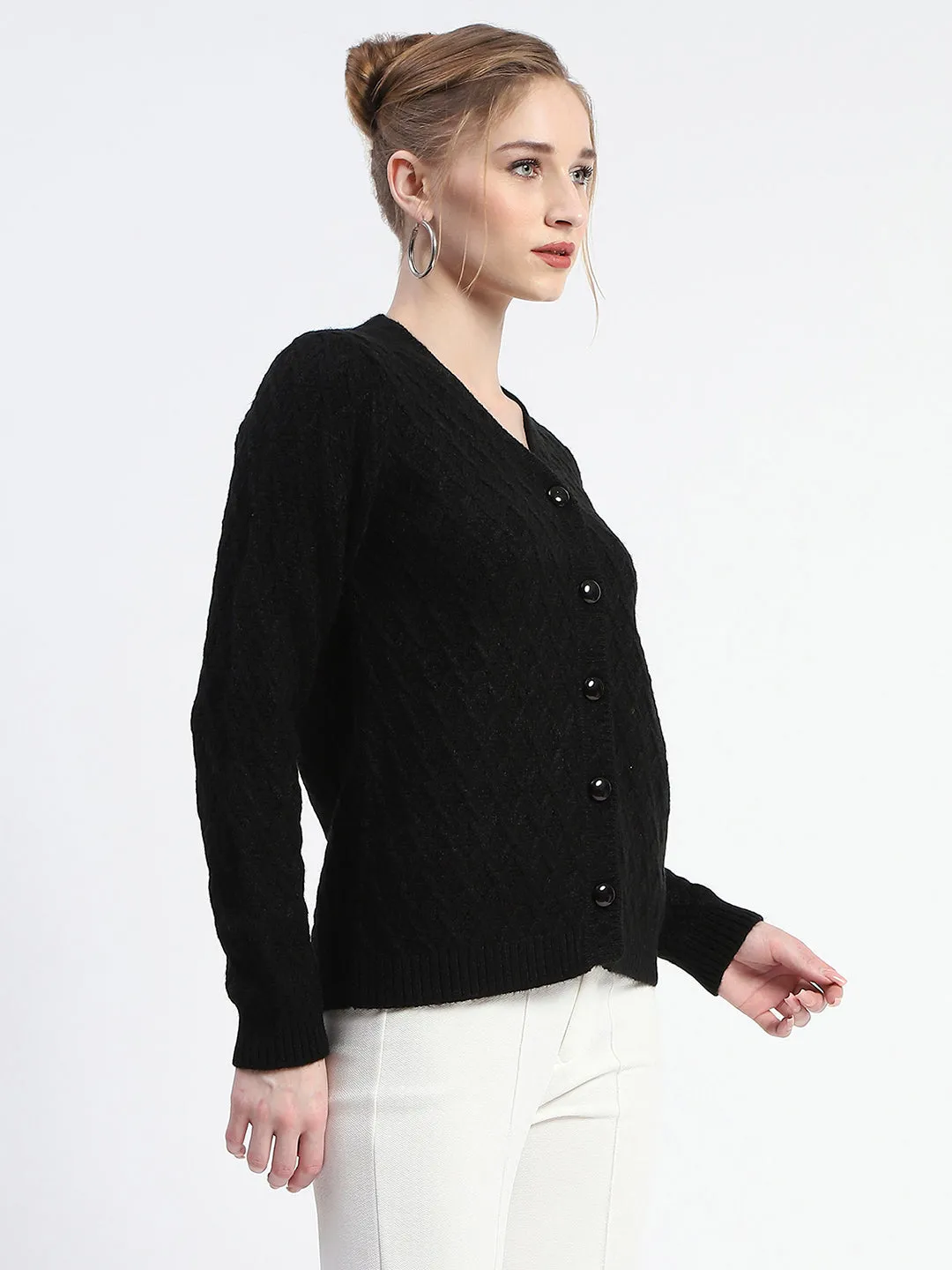 Madame Solid Black Cable Knit Button Down Cardigan