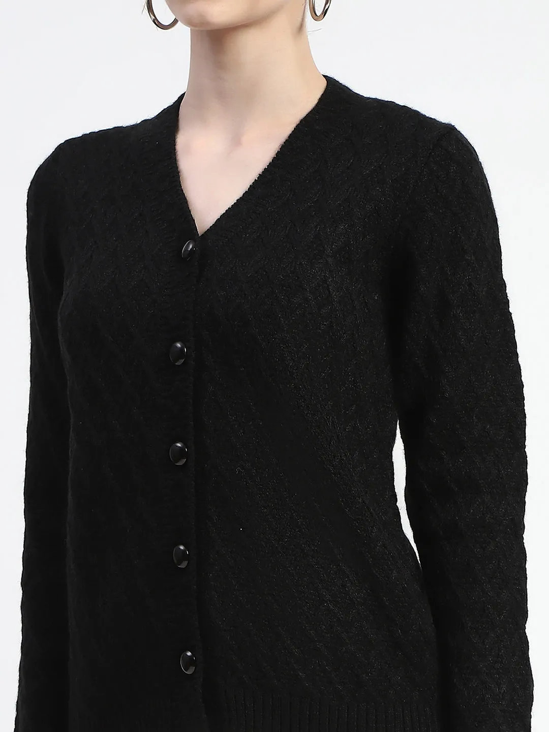Madame Solid Black Cable Knit Button Down Cardigan