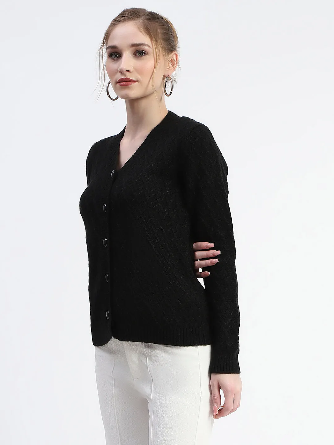 Madame Solid Black Cable Knit Button Down Cardigan