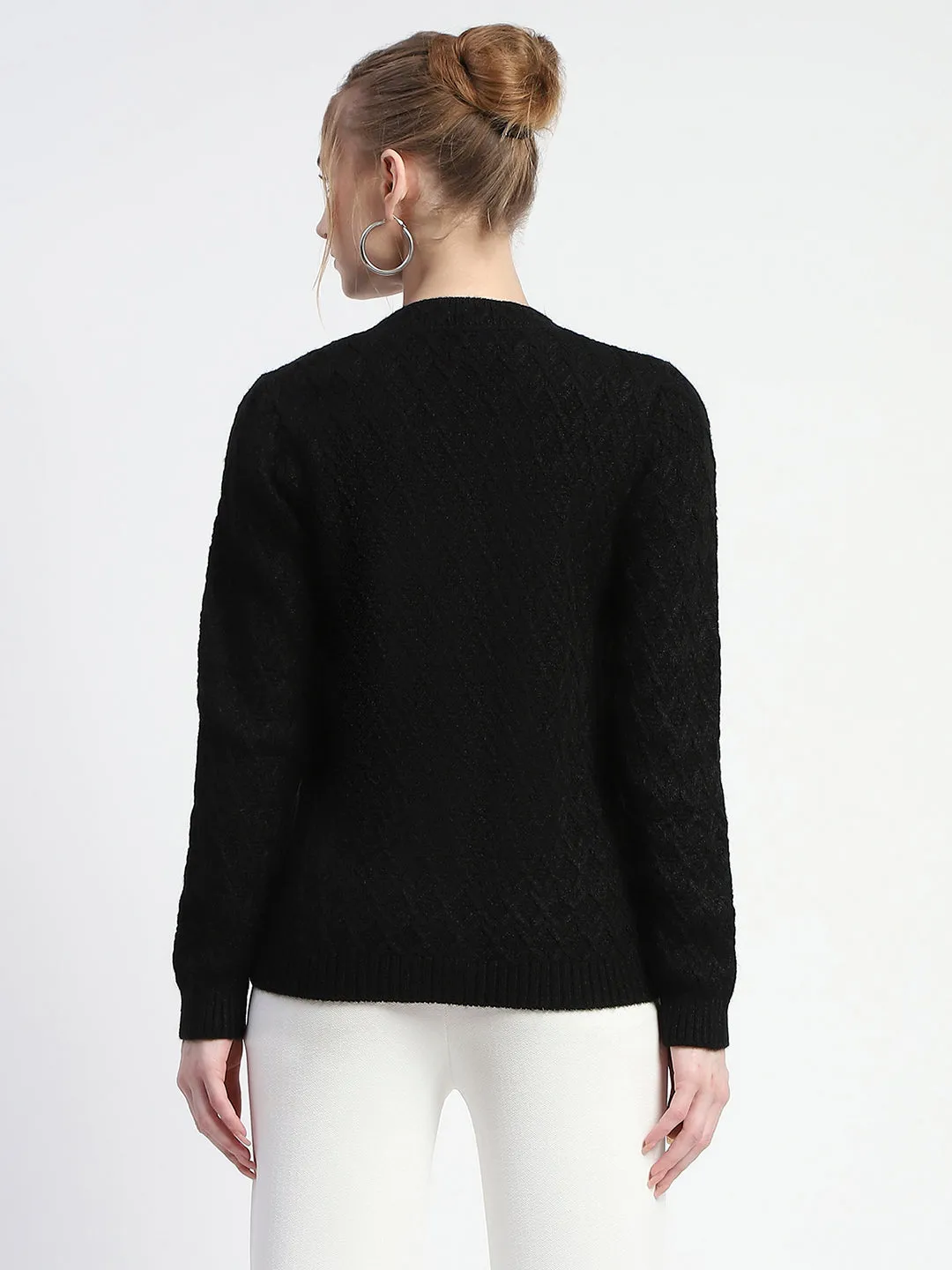 Madame Solid Black Cable Knit Button Down Cardigan