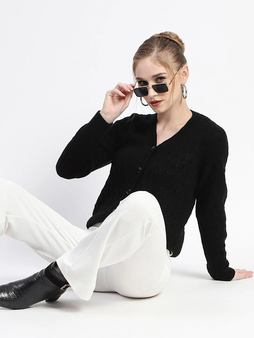 Madame Solid Black Cable Knit Button Down Cardigan