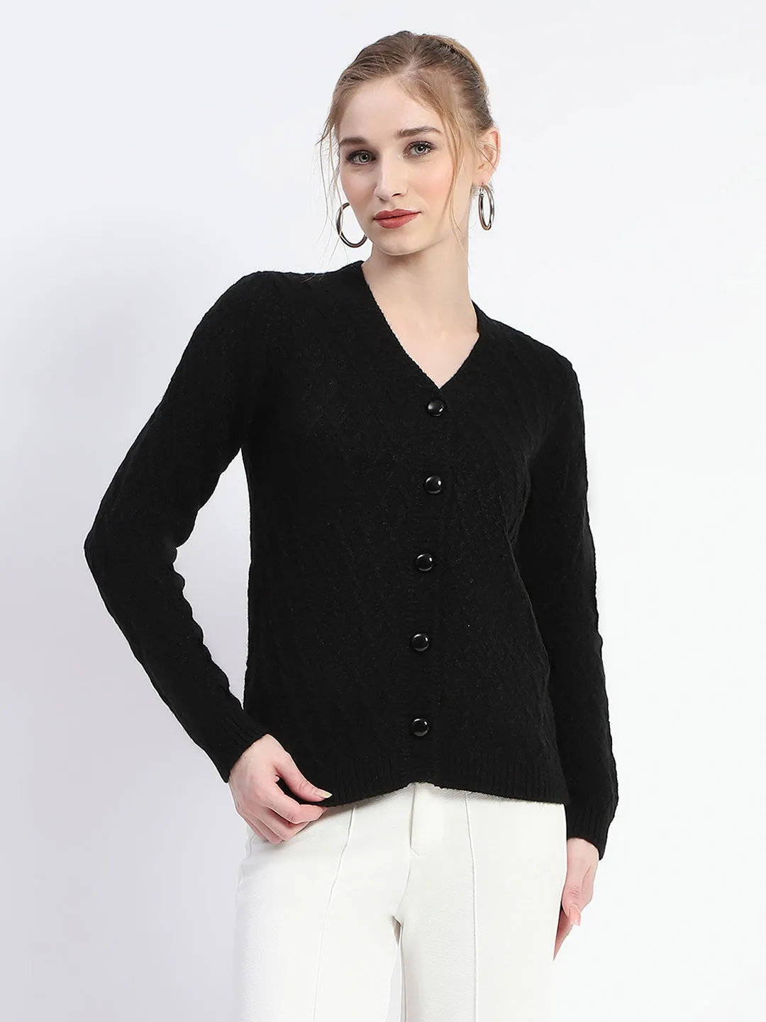 Madame Solid Black Cable Knit Button Down Cardigan