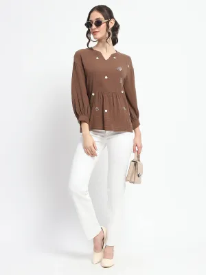 Madame Solid Chocolate Brown Embroidery Detailed Cotton Top