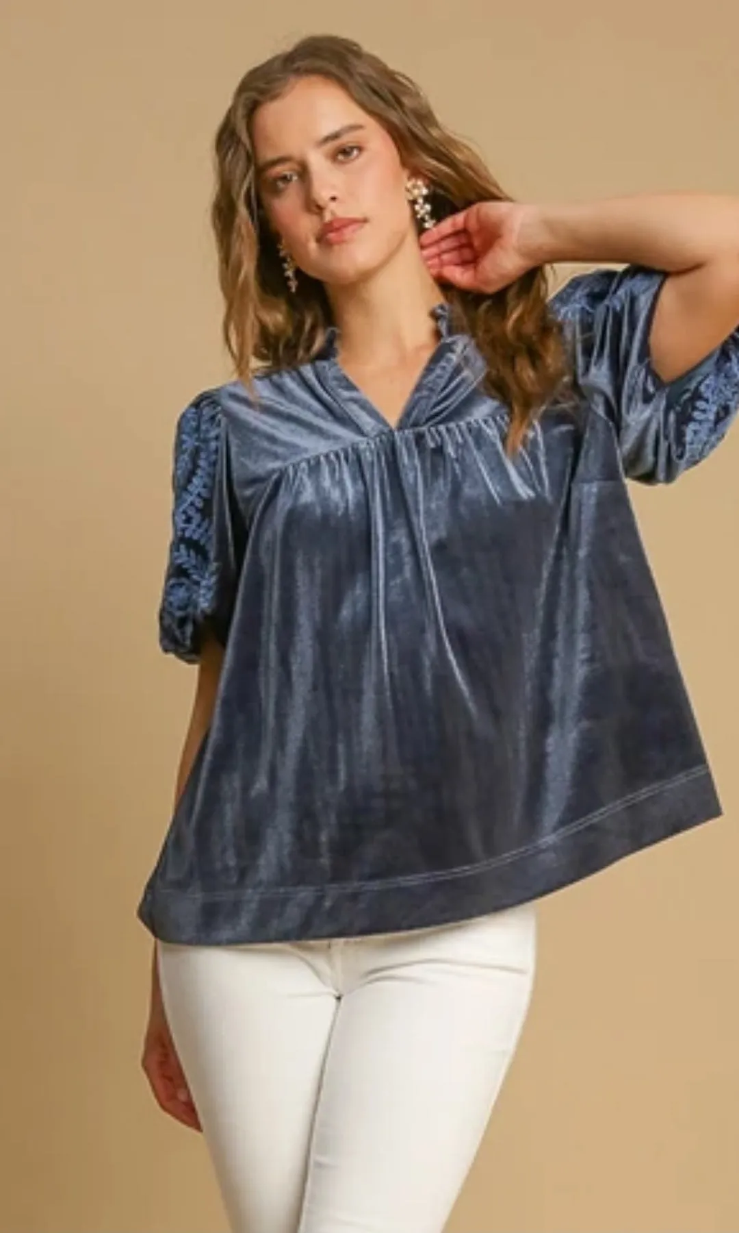 Maliah Puff Pattern Velvet Sleeve Top - Slate Blue