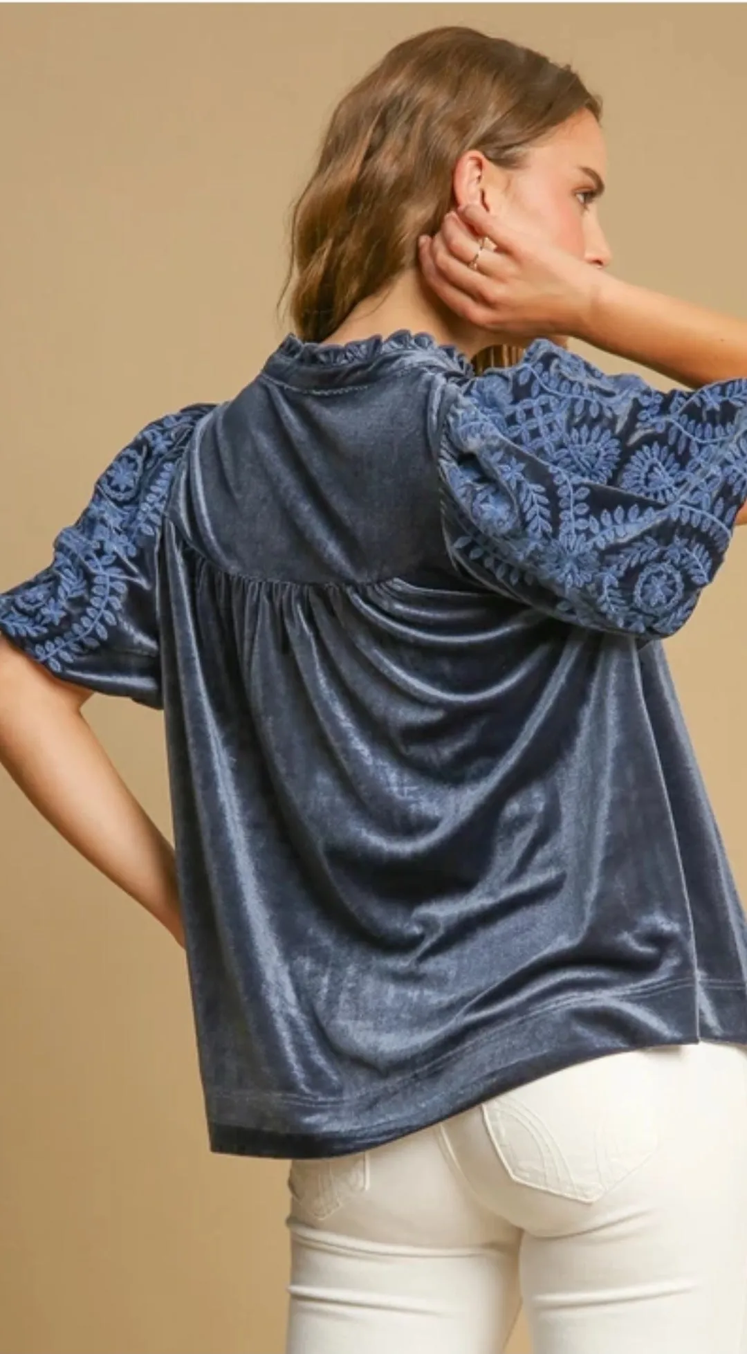 Maliah Puff Pattern Velvet Sleeve Top - Slate Blue