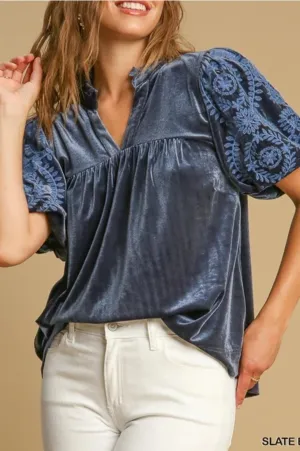 Maliah Puff Pattern Velvet Sleeve Top - Slate Blue