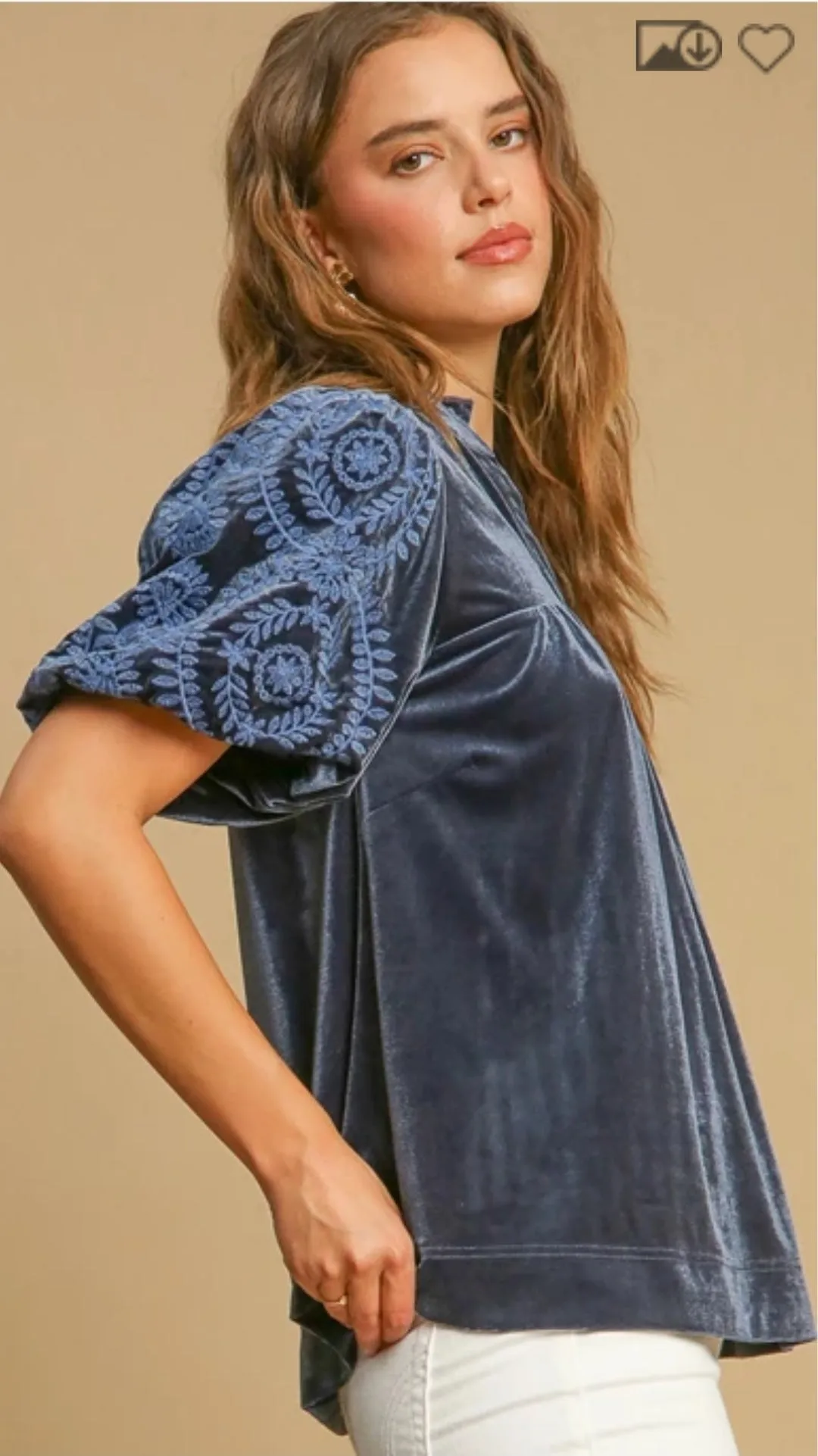 Maliah Puff Pattern Velvet Sleeve Top - Slate Blue