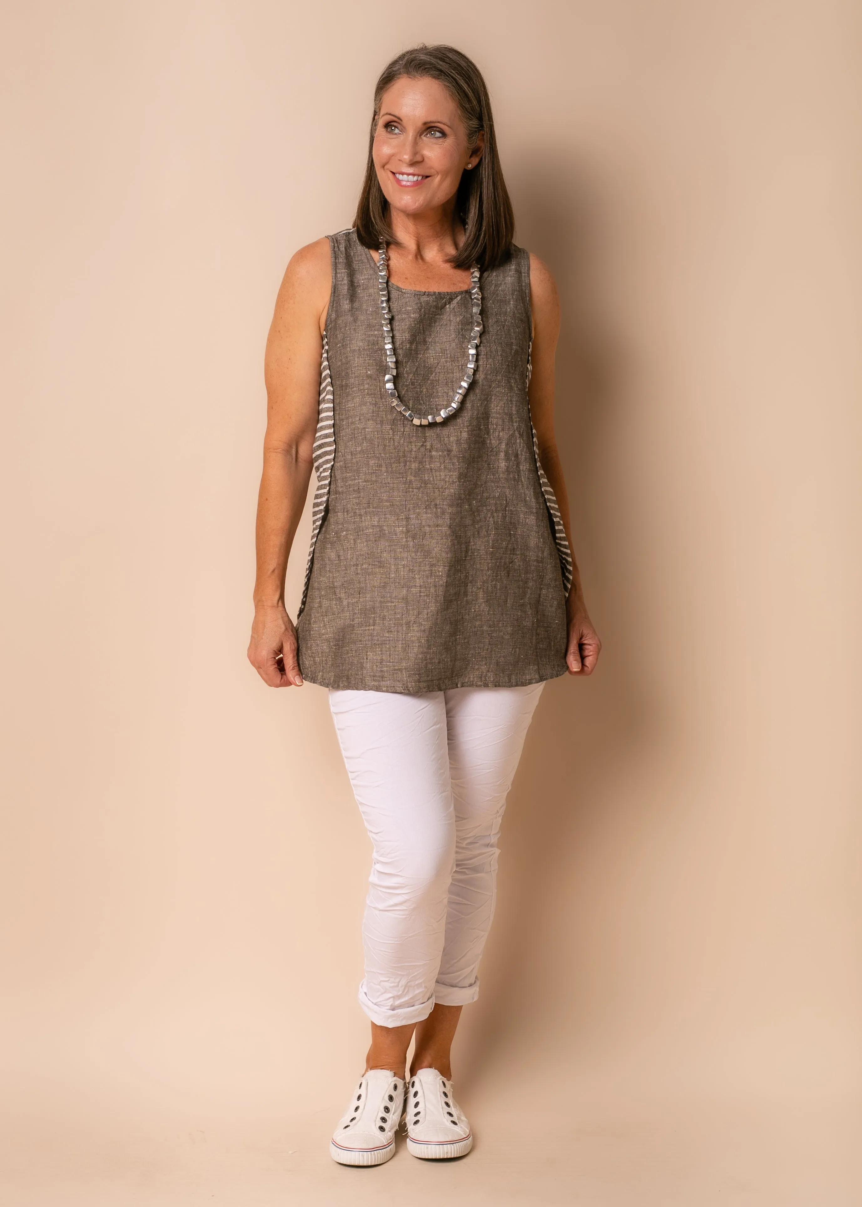 Mari Linen Blend Top in Khaki