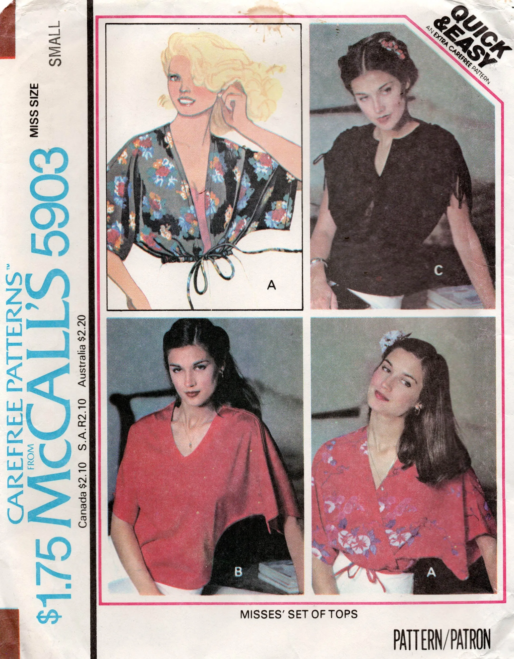 McCall's 5903 Womens EASY Casual Summer Tops 1970s Vintage Sewing Pattern Size SMALL 10 - 12